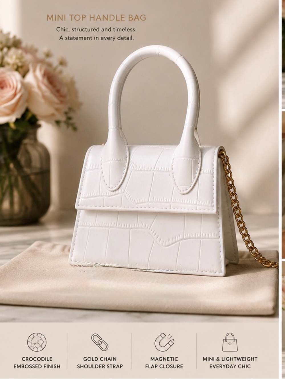White Mini Top Handle Bag with Gold Chain